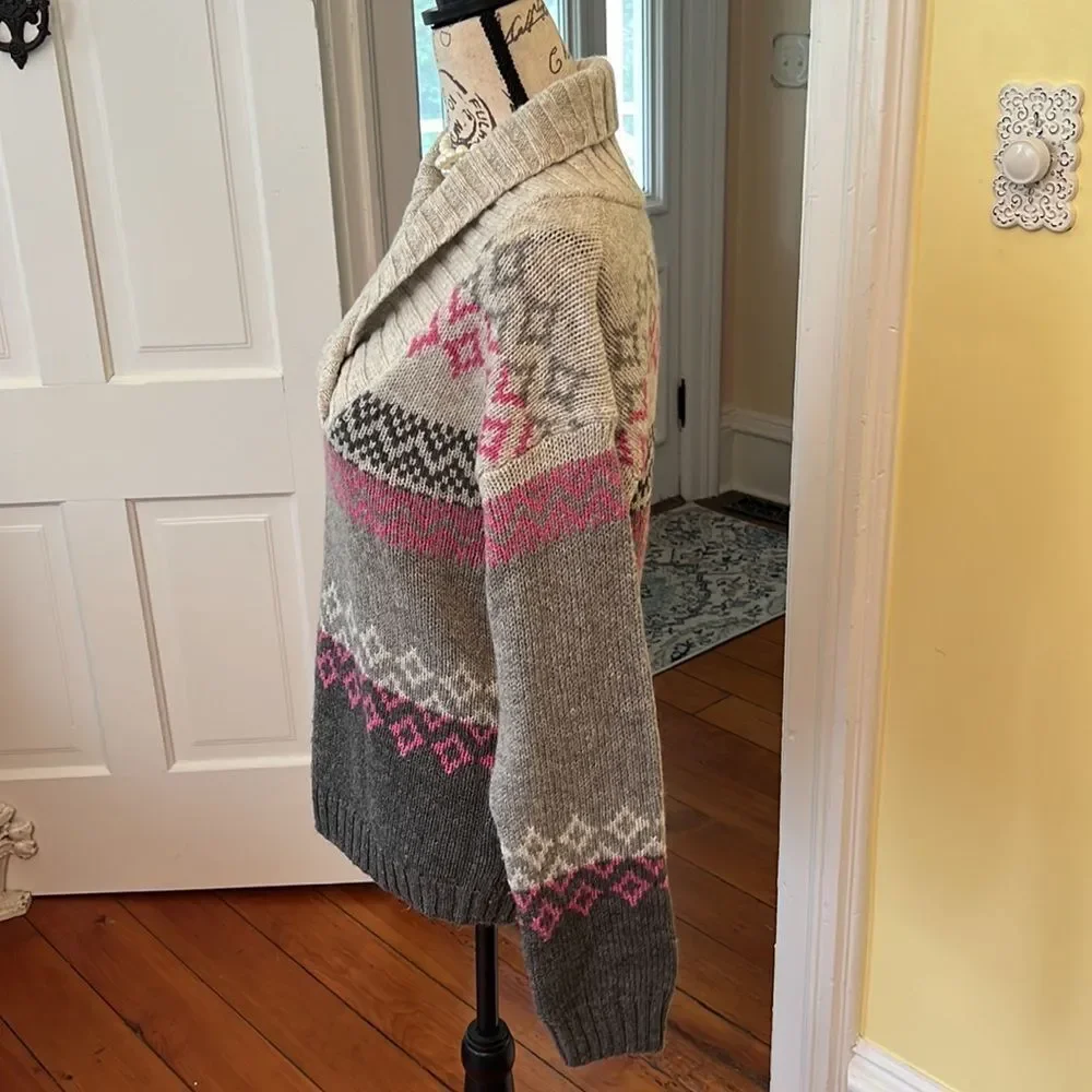 Northcrest Classic *Shawl Collar* Gray & Pink Wool Blend Sweater Sz M EUC